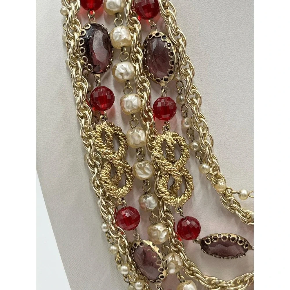 Arthur Pepper ART VintageGold‎ Pearl Red Glass 9 Multi-Strand Statement Necklace
